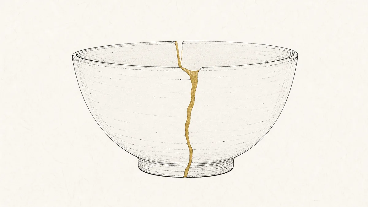 金の継ぎ目で繋ぎ直された茶碗